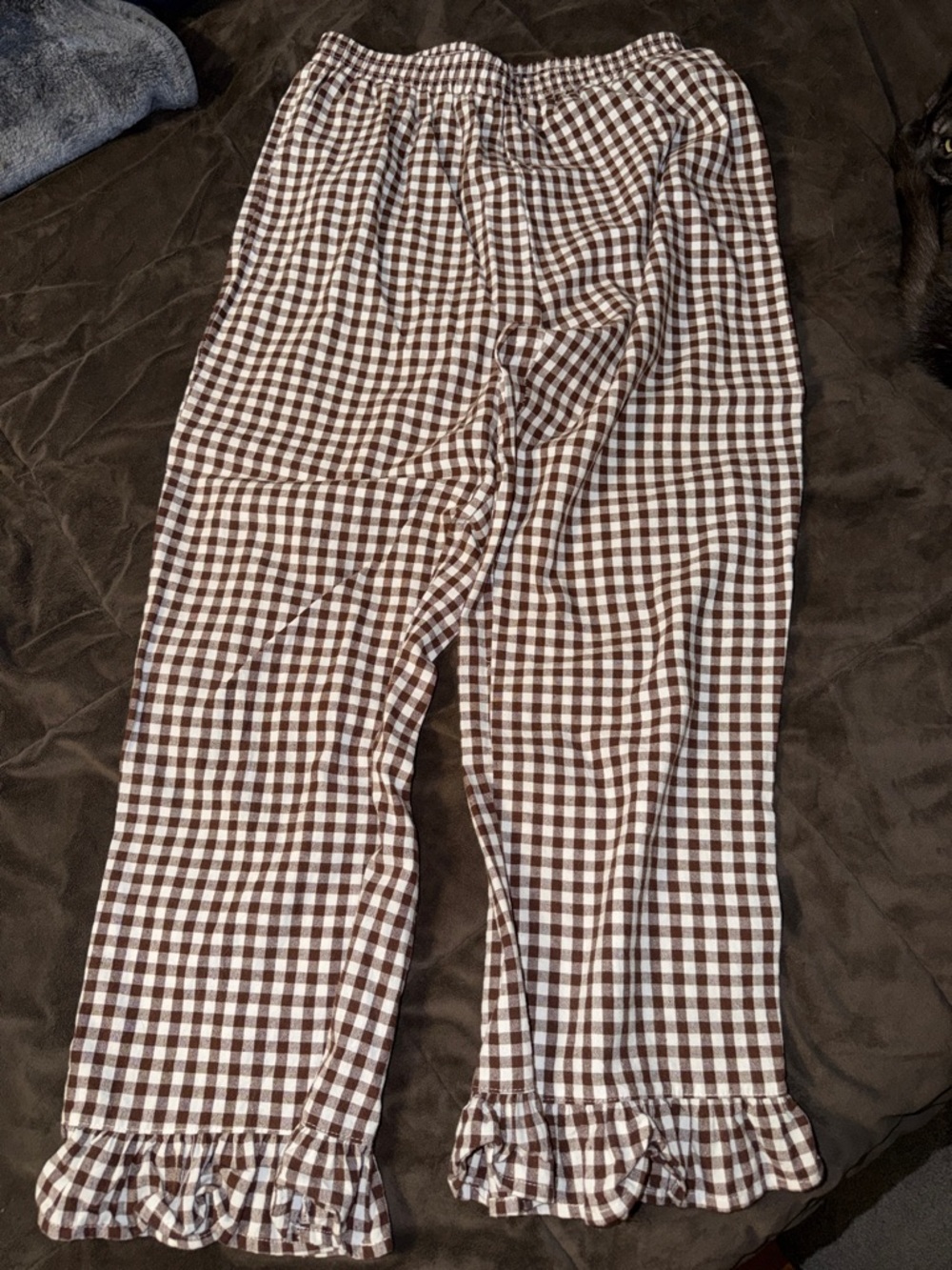 FLY GO Brown and White Gingham Lounge Pants with Ruffle Hem